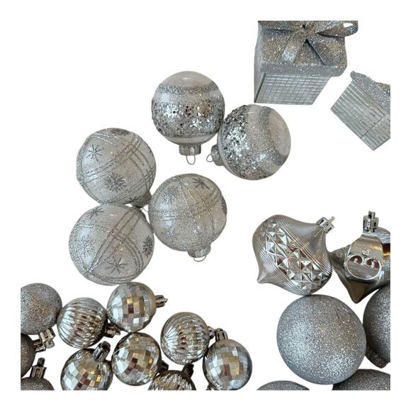 28- Silver Assorted Shatterproof Ornaments 1.5”-4” Shiny Glittery See Pic EUC - Picture 6 of 12